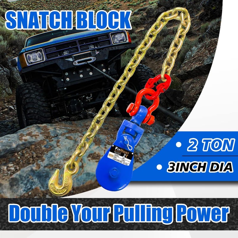 FITHOIST 2 Tons Snatch Block with G80 Chain | 3" Sheave for 3/8" Inch Wire Rope | High Strength Snatch Blocks for Towing and Recovery Applications | Tow Truck Rollback Wrecker Car Hauler Winch - Image 2